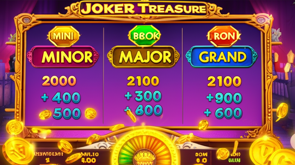 ภาพฟีเจอร์โบนัสแจ็คพอต 4 ระดับของเกมสล็อต Joker Treasure แสดงสัญลักษณ์แจ็คพอตและตัวคูณรางวัล