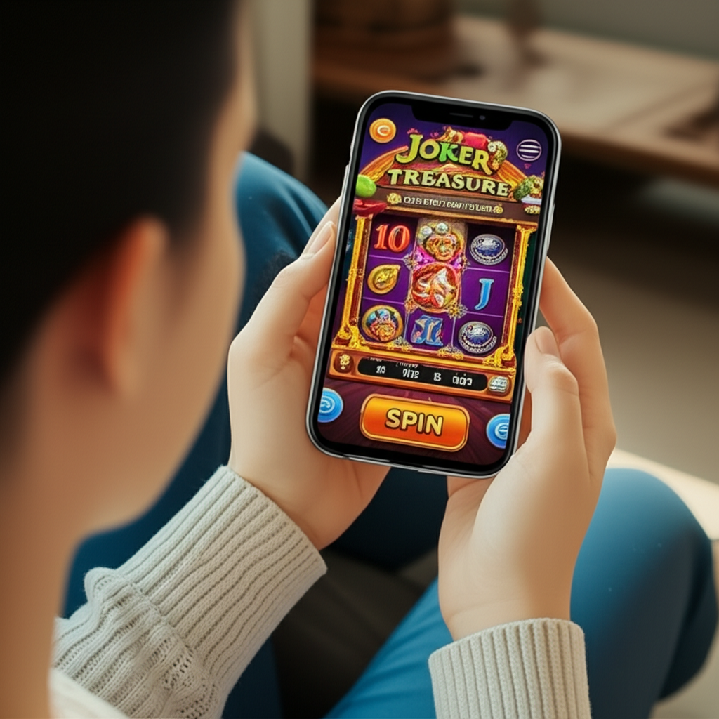 ภาพผู้เล่นใช้มือถือเล่นเกมสล็อต Joker Treasure แสดงหน้าจอการเดิมพันและปุ่มหมุนวงล้อ