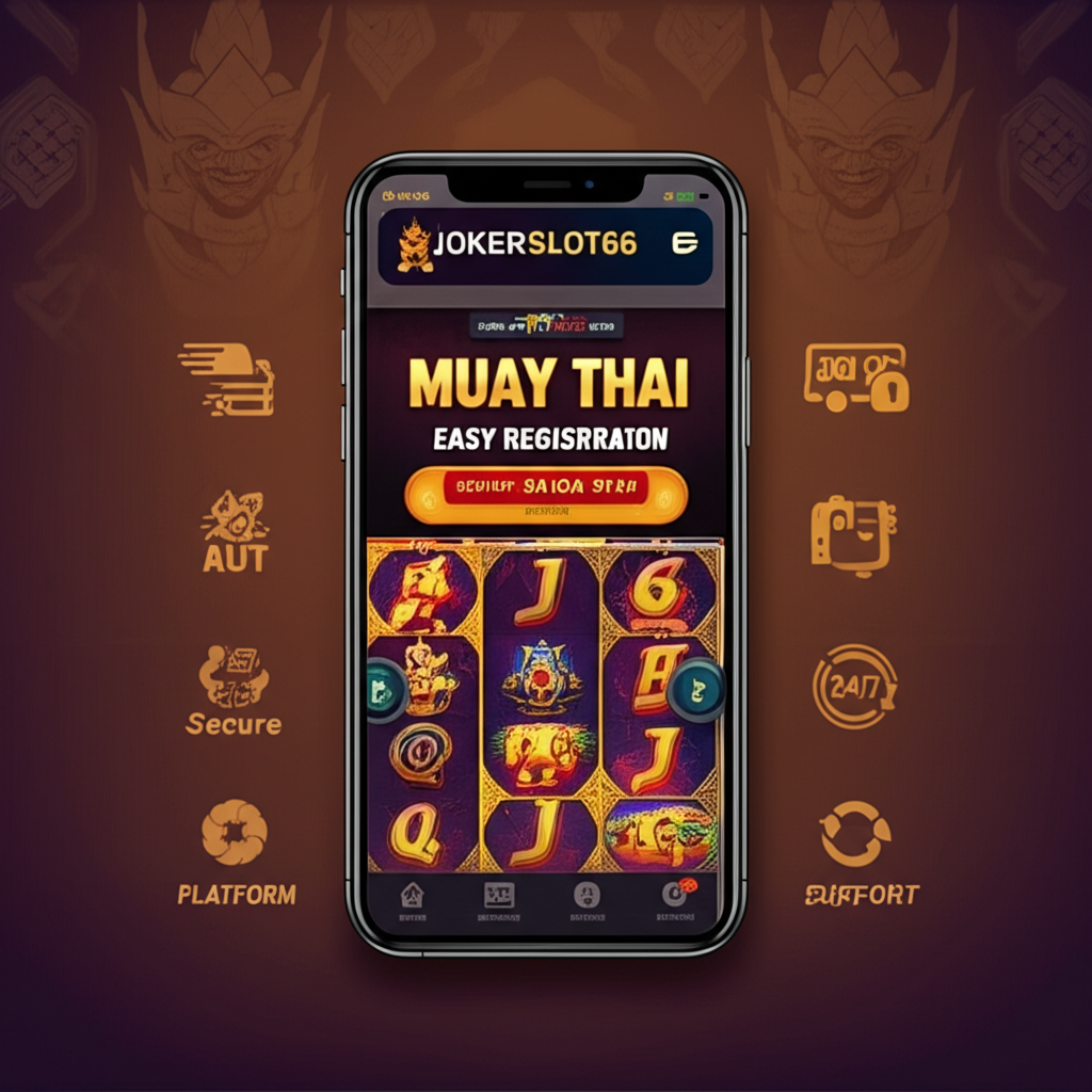 ภาพแสดงการสมัครสมาชิกและเล่นเกมสล็อตมวยไทยบนมือถือผ่านเว็บไซต์ JokerSlot66 พร้อมระบบฝาก-ถอนออโต้และความปลอดภัยสูง