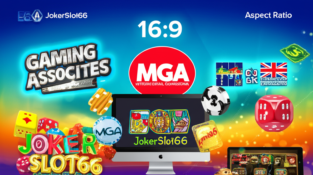 ภาพประกอบแพลตฟอร์มเกมสล็อตออนไลน์ JokerSlot66 พร้อมโลโก้ Gaming Associates และใบรับรองมาตรฐานสากล แสดงถึงความโปร่งใสและความปลอดภัยทางการเงิน