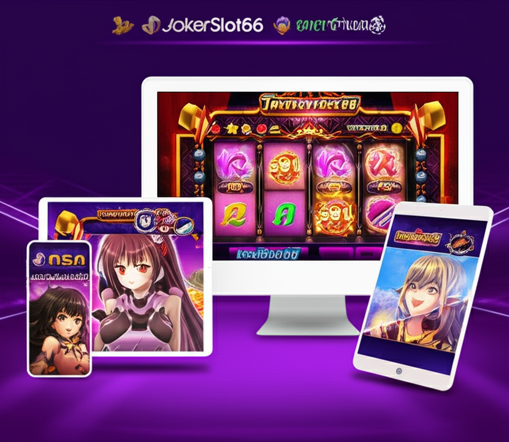 ภาพแสดงการเล่นเกมสล็อตธีมอนิเมะบนมือถือและคอมพิวเตอร์ พร้อมระบบฝาก-ถอนออโต้และความปลอดภัยจาก JokerSlot66