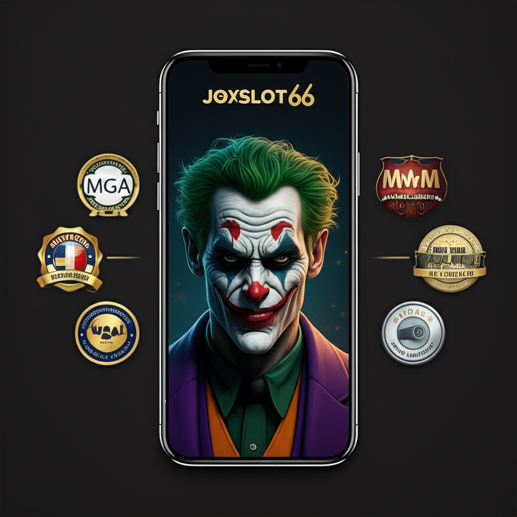ภาพหน้าจอเว็บไซต์ JokerSlot66 บนมือถือ พร้อมโลโก้รับรองมาตรฐานสากล และฟีเจอร์เด่น เช่น ฝาก-ถอนออโต้ รวดเร็ว ปลอดภัย