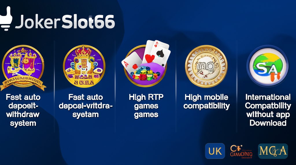 อินโฟกราฟิกแสดงจุดเด่นของ JokerSlot66 ระบบฝากถอนรวดเร็ว เกมสล็อตโบนัสแตกง่าย และการรับรองมาตรฐานสากล