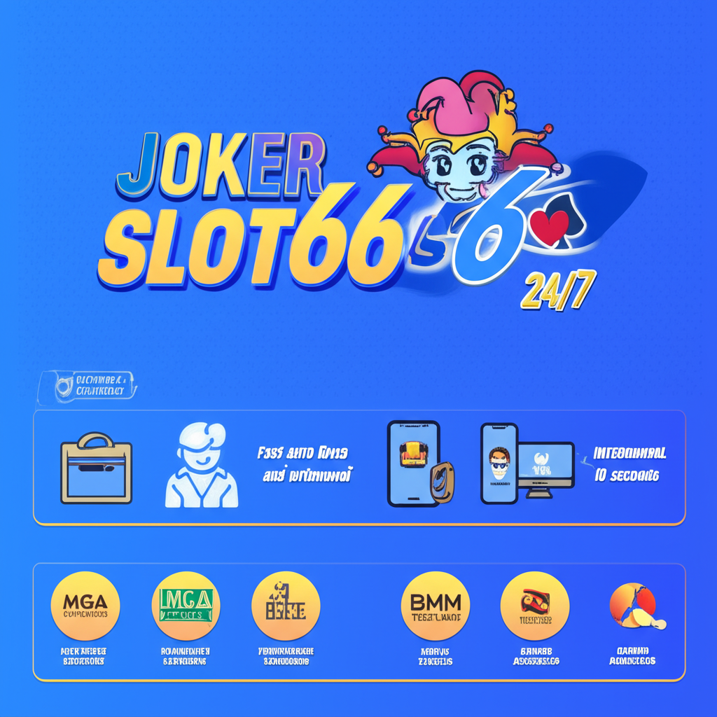 อินโฟกราฟิกแสดงฟีเจอร์เด่นของแพลตฟอร์ม JokerSlot66 เช่น ระบบฝาก-ถอนออโต้ รวดเร็ว และใบอนุญาตระดับสากล