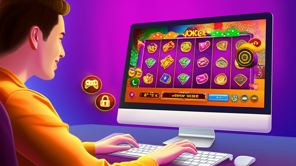 ภาพประกอบผู้เล่นใช้คีย์บอร์ดในการนำทางเกมสล็อต Joker บนหน้าจอคอมพิวเตอร์ พร้อมสัญลักษณ์ฟีเจอร์การเข้าถึงและความปลอดภัย