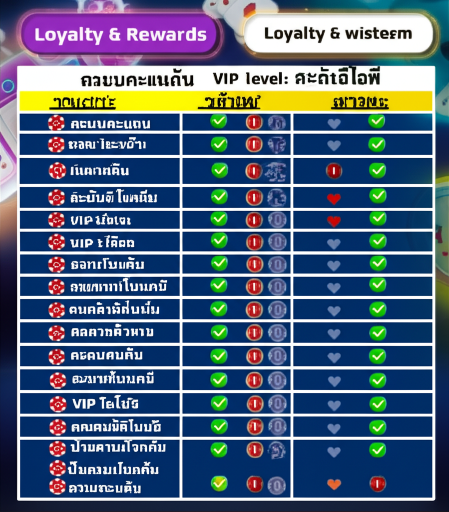 ตารางเปรียบเทียบระบบ Loyalty และ Reward ของค่ายเกมสล็อตต่างๆ พร้อมไอคอนแสดงระดับ VIP และฟีเจอร์โบนัส
