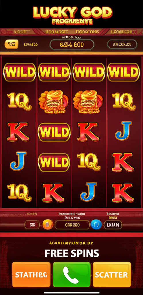 ภาพอินเทอร์เฟซเกม Lucky God Progressive แสดงรีล 5x3 พร้อมสัญลักษณ์ Wild, Scatter และฟีเจอร์ฟรีสปิน