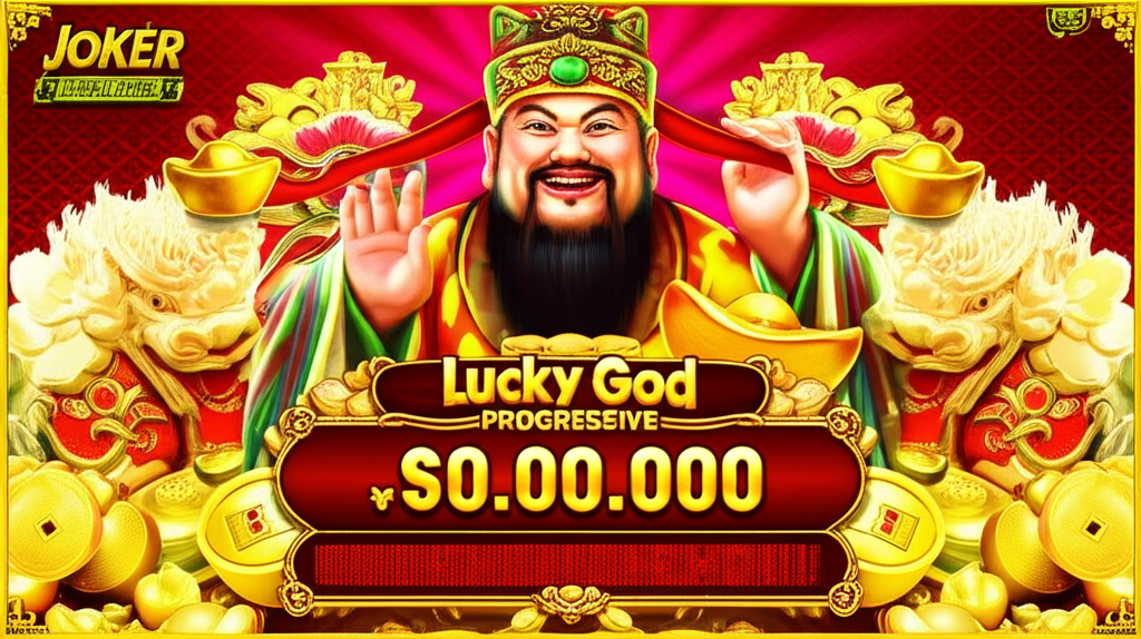 ภาพธีมเกม Lucky God Progressive แสดงเทพเจ้าแห่งโชคลาภจีนพร้อมสัญลักษณ์มงคลและแจ็คพอตสะสมในเกมสล็อตจาก Joker Gaming