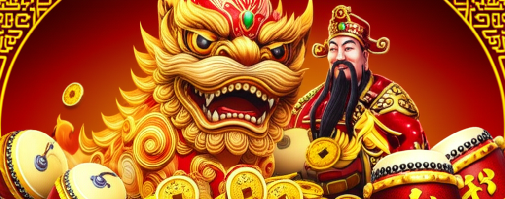 สัญลักษณ์หลักในเกม Lucky God Progressive เช่น สิงโตจีน เหรียญทอง เทพเจ้าหนวดดำ และกลองจีน