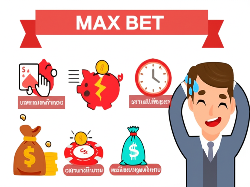 อินโฟกราฟิกแสดงข้อเสียของการกด Max Bet โดยไม่คิด เช่น เสียเงินเร็ว ความเครียด และการขาดการควบคุม