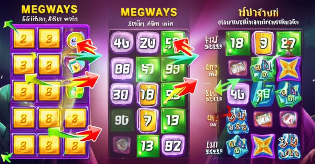 อินโฟกราฟิกอธิบายระบบ Megaways ที่แสดงจำนวนสัญลักษณ์บนรีลที่เปลี่ยนแปลงได้และวิธีชนะหลายทาง
