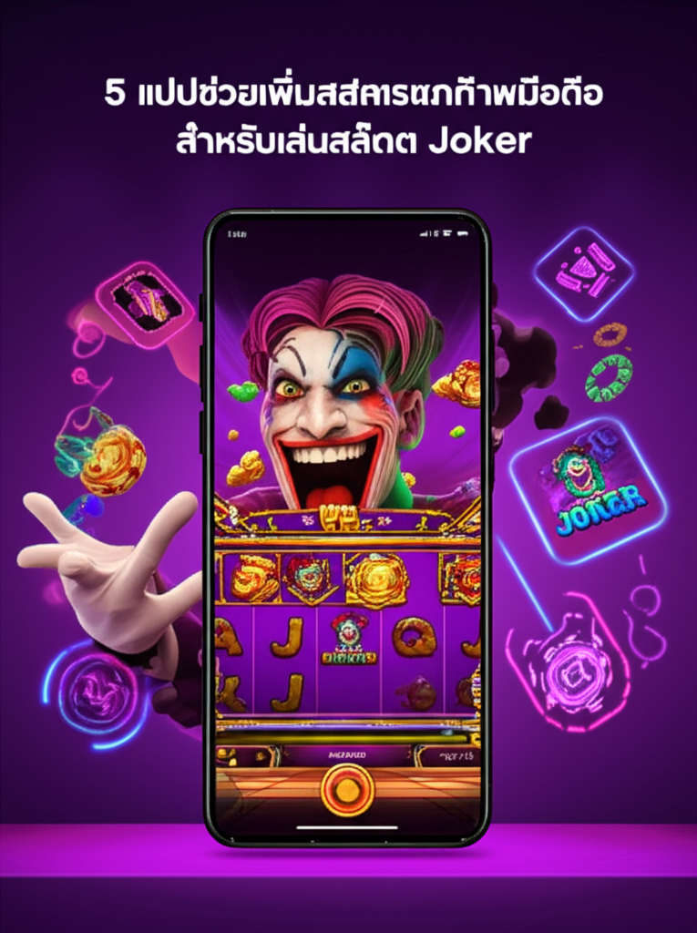 ภาพหน้าจอมือถือแสดงเกมสล็อต Joker พร้อมไอคอนแอปช่วยเพิ่มประสิทธิภาพมือถือ เพิ่ม FPS ลดแลค ในสไตล์ทันสมัยและเป็นมิตร