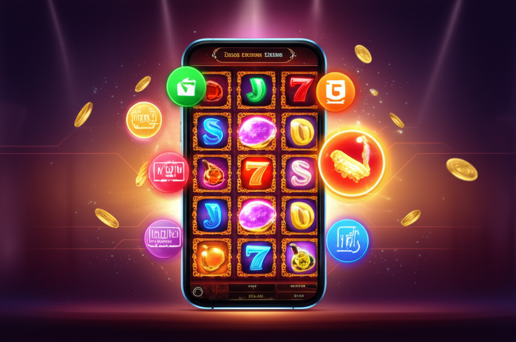 ภาพเกมสล็อตบนมือถือที่แสดงเทคโนโลยี HTML5, การเล่นข้ามแพลตฟอร์ม และการออกแบบที่ตอบสนองทุกอุปกรณ์