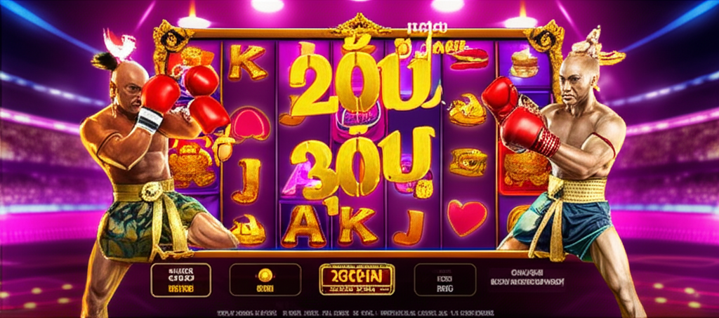 ภาพเกมสล็อตมวยไทยธีมดิจิทัลที่มีนักมวยไทยในท่าทางต่อสู้ พร้อมสัญลักษณ์วัฒนธรรมไทยและวงล้อสล็อตสีสันสดใส แสดงถึงเกมสล็อตแตกง่ายใน JokerSlot66 ปี 2025