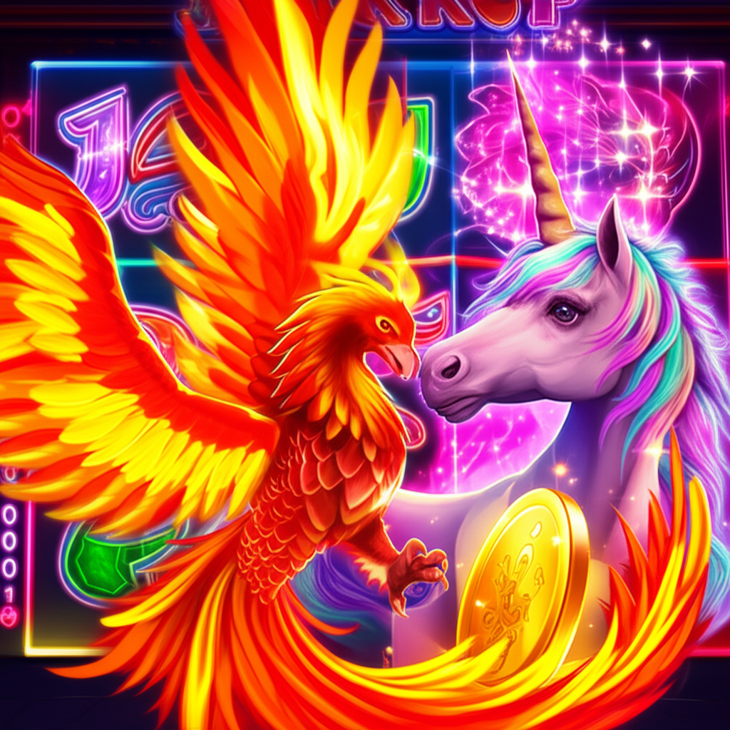 ภาพประกอบสัตว์ในตำนาน Phoenix, Dragon และ Unicorn บนธีมเกมสล็อตที่มีสีสันสดใสและบรรยากาศคาสิโน