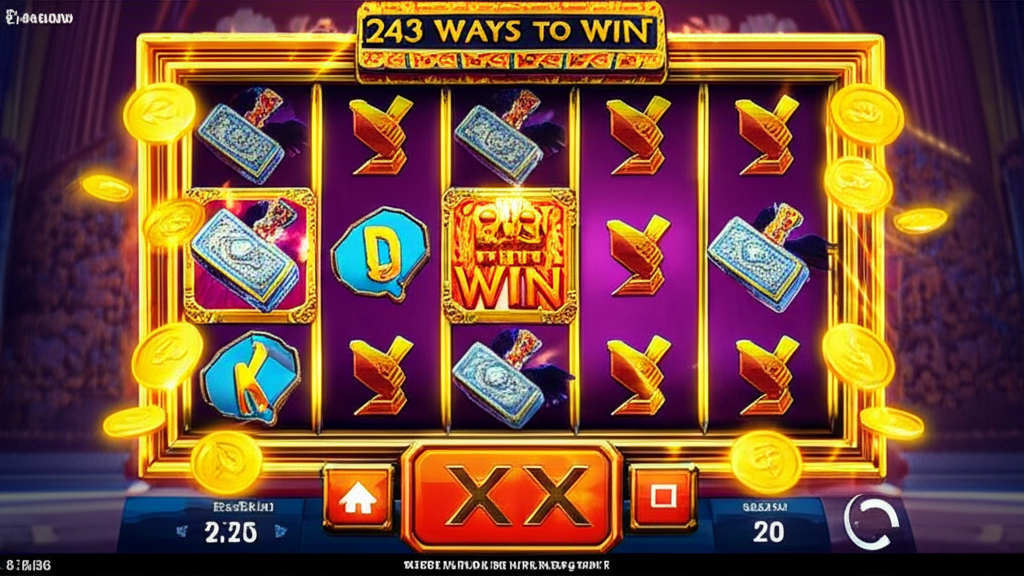 ภาพสล็อตธีมนอร์สแสดงระบบ 243 Ways to Win พร้อมสัญลักษณ์เทพนิยายนอร์สและเหรียญทองที่ส่องแสง