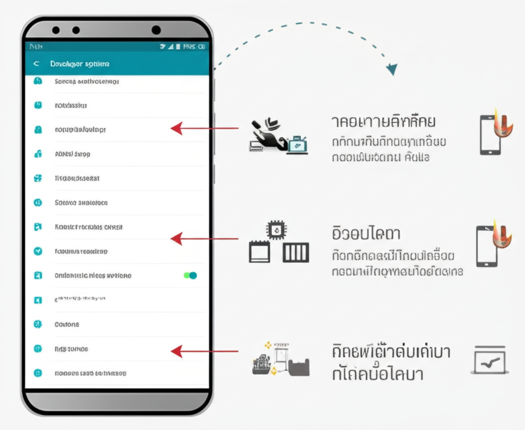 แผนผังขั้นตอนการตั้งค่ามือถือรุ่นเก่าเพื่อเล่นเกมสล็อต Joker ได้ลื่นไหล เช่น เปิด Developer Options ปรับ DPI ปิดแอนิเมชัน และล้างแคช