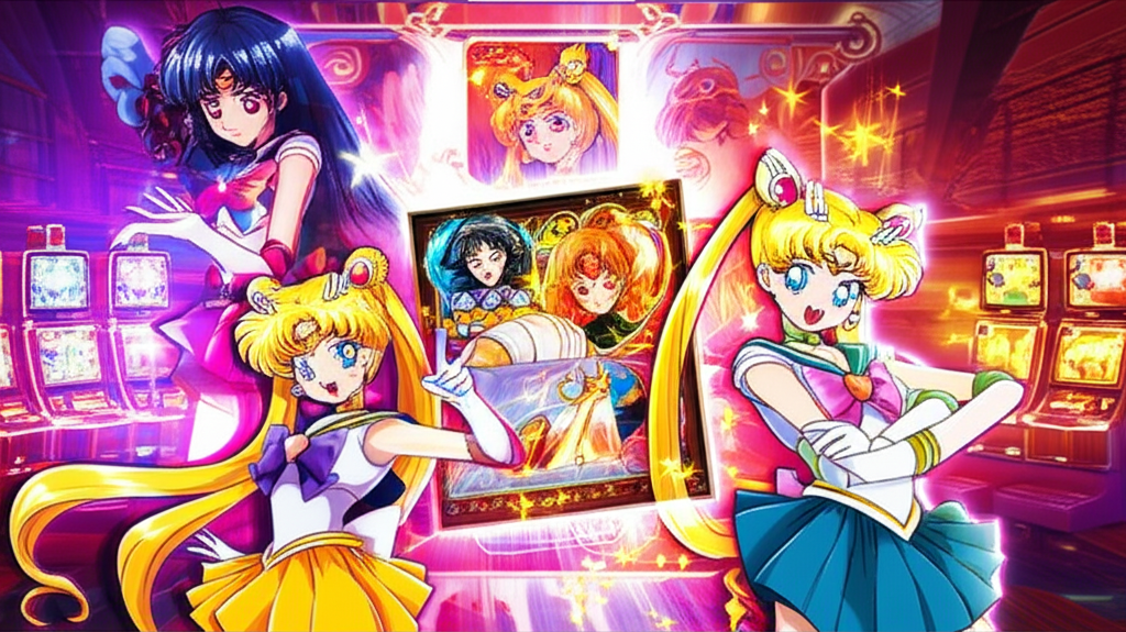 ภาพประกอบสล็อตธีมอนิเมะยอดนิยม แสดงตัวละครจาก Sailor Moon และ Attack on Titan พร้อมวงล้อสล็อตสีสันสดใสในบรรยากาศคาสิโนออนไลน์
