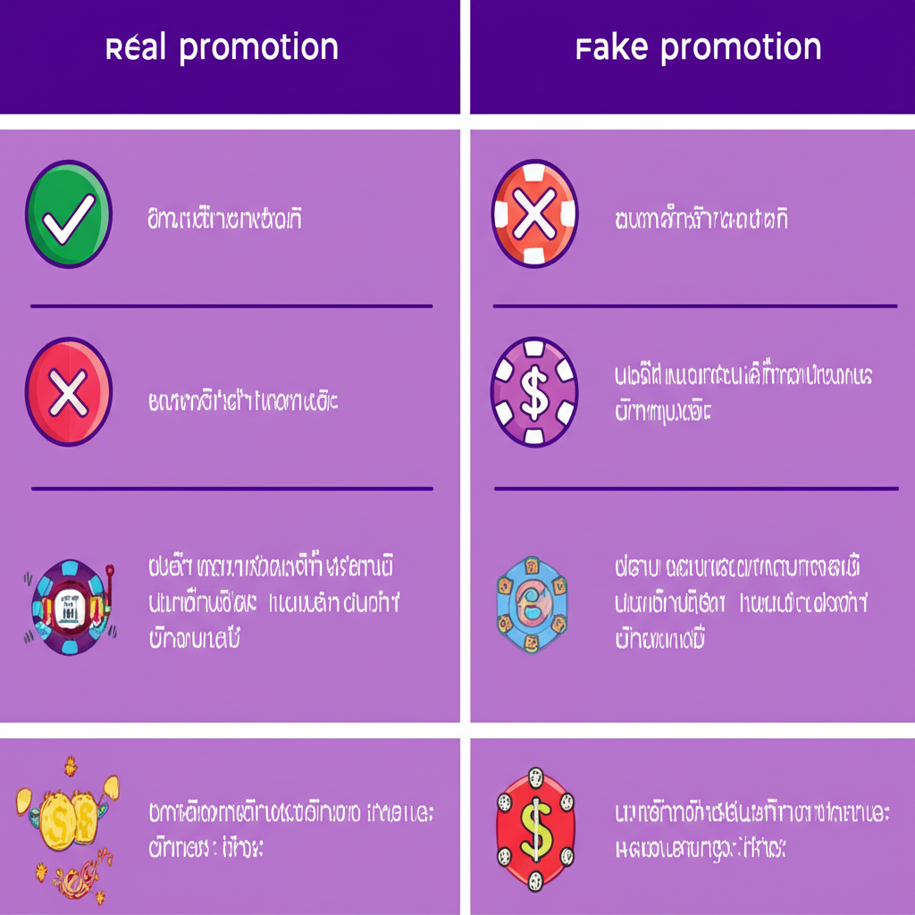 ตารางเปรียบเทียบโปรโมชั่นสล็อตจริงกับโปรโมชั่นหลอกลวง แสดงความแตกต่างของเงื่อนไขโบนัสและใบอนุญาต