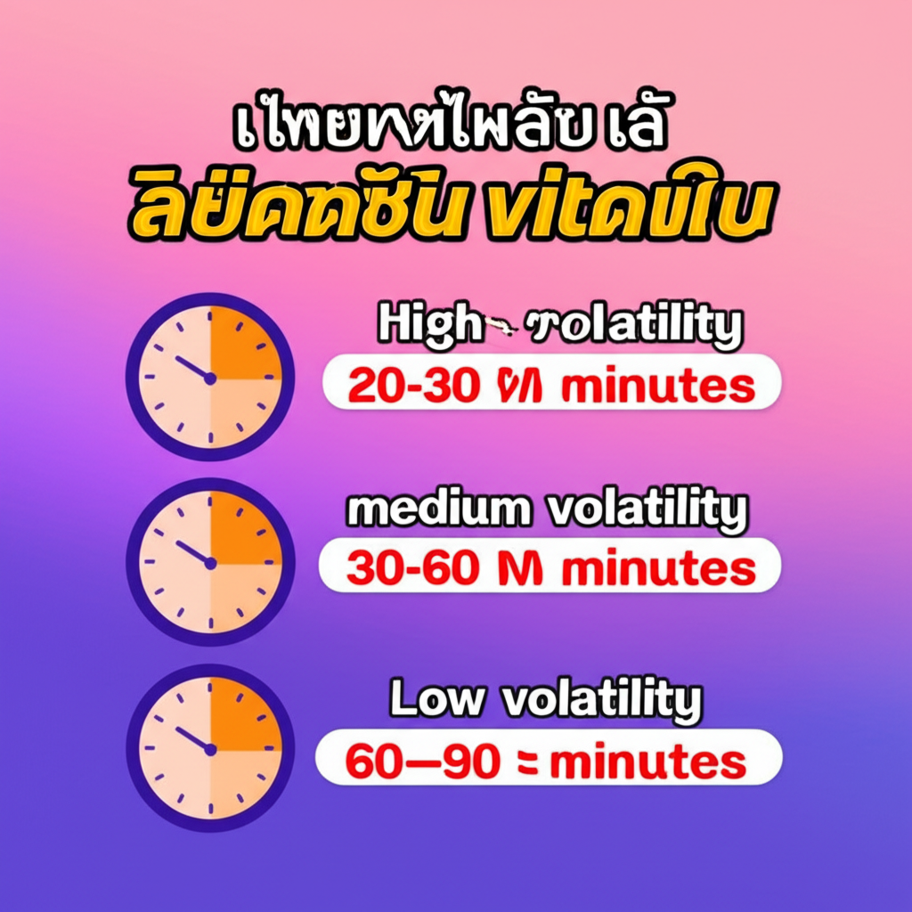 อินโฟกราฟิกแนะนำระยะเวลาเล่นเกมสล็อตตามระดับ Volatility พร้อมคำแนะนำการพักและบริหารทุน