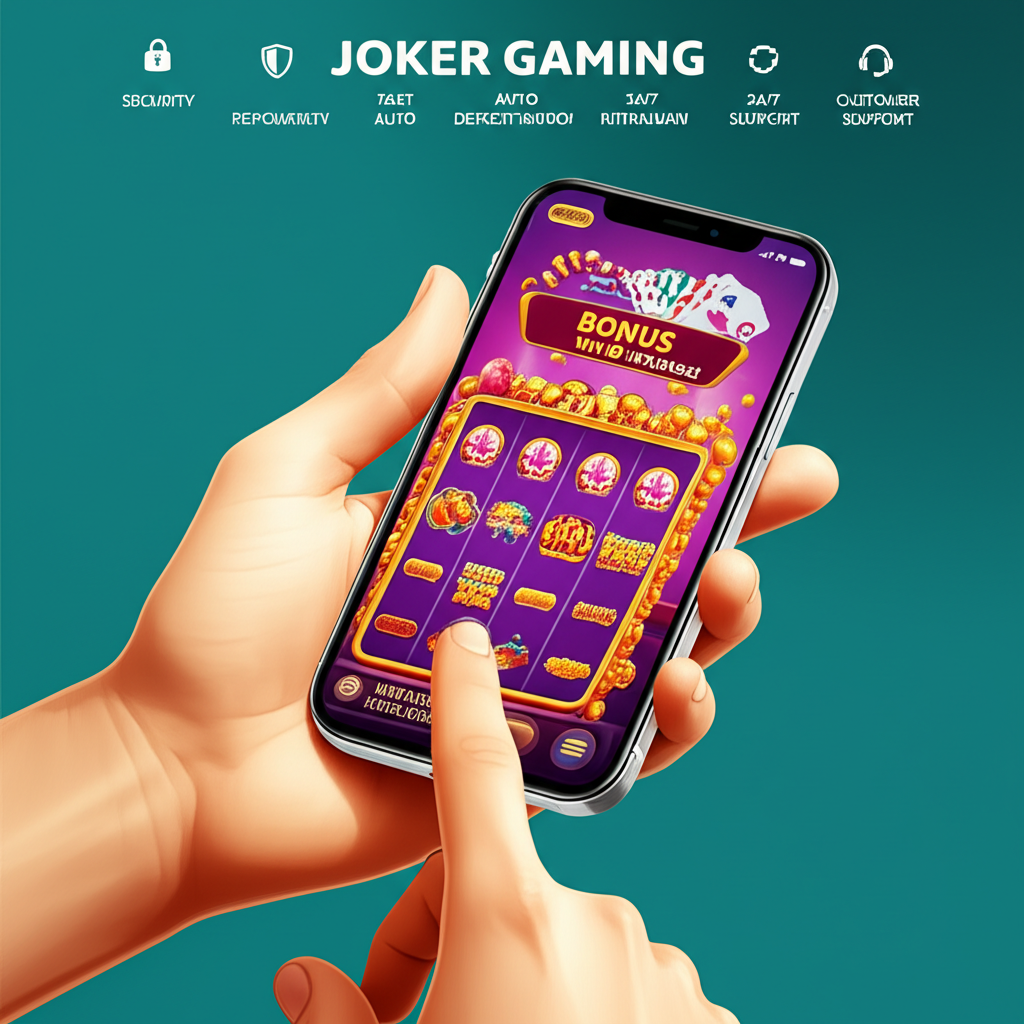 ภาพผู้เล่นเล่นสล็อต Joker Gaming บนมือถือ พร้อมแสดงฟีเจอร์โบนัสและการเล่นอย่างรับผิดชอบ