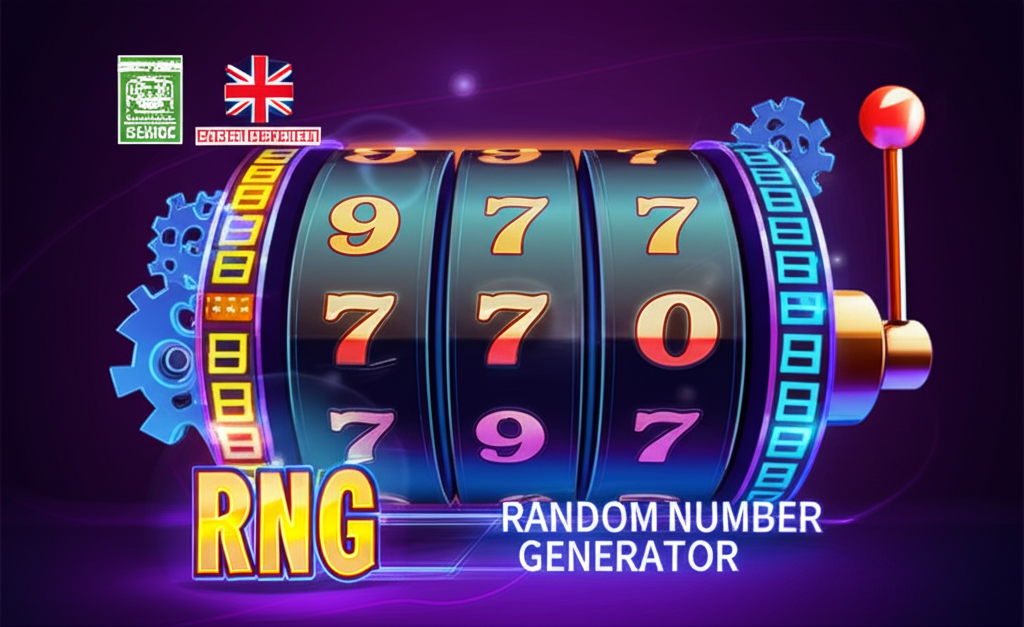 ภาพแสดงการทำงานของ RNG ในเกมสล็อต พร้อมสัญลักษณ์ความปลอดภัยและใบอนุญาตจากหน่วยงานสากล