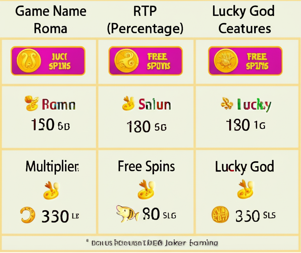 ตารางเปรียบเทียบ RTP และฟีเจอร์โบนัสของเกมสล็อต Joker ยอดนิยม เช่น Roma, Supreme Caishen, Lucky God