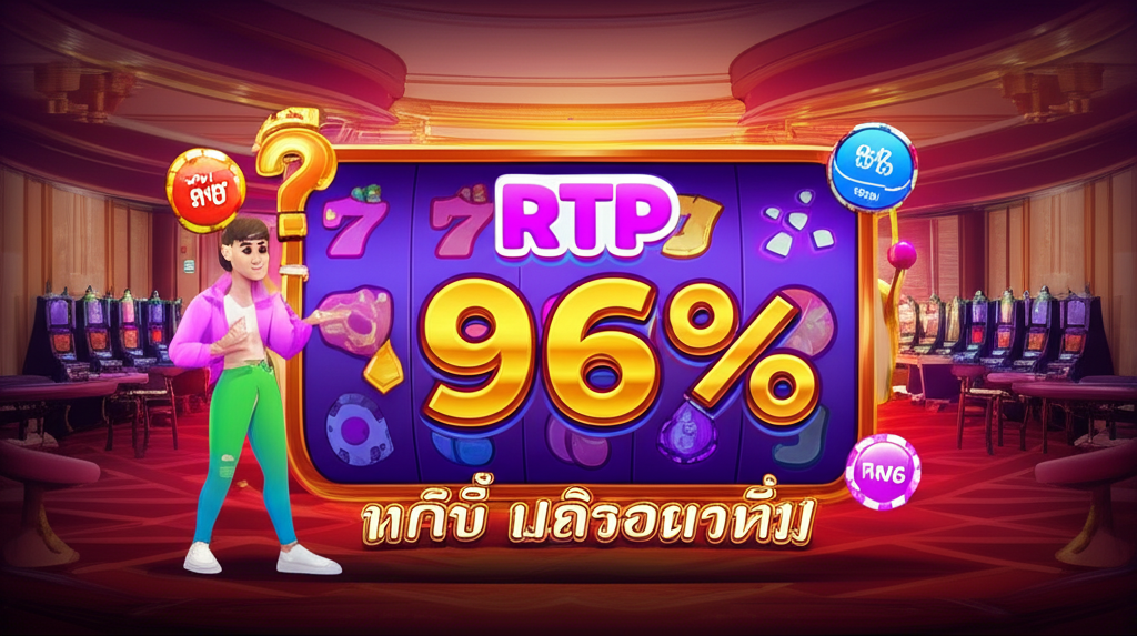 ภาพประกอบสไตล์ทันสมัยของเครื่องสล็อตแสดงค่า RTP 96% พร้อมผู้เล่นที่กำลังสงสัย รายล้อมด้วยไอคอนความผันผวน ระบบ RNG และฟีเจอร์โบนัส ในบรรยากาศคาสิโนสีสันสดใส พร้อมข้อความภาษาไทยเกี่ยวกับความเข้าใจผิดเรื่อง RTP