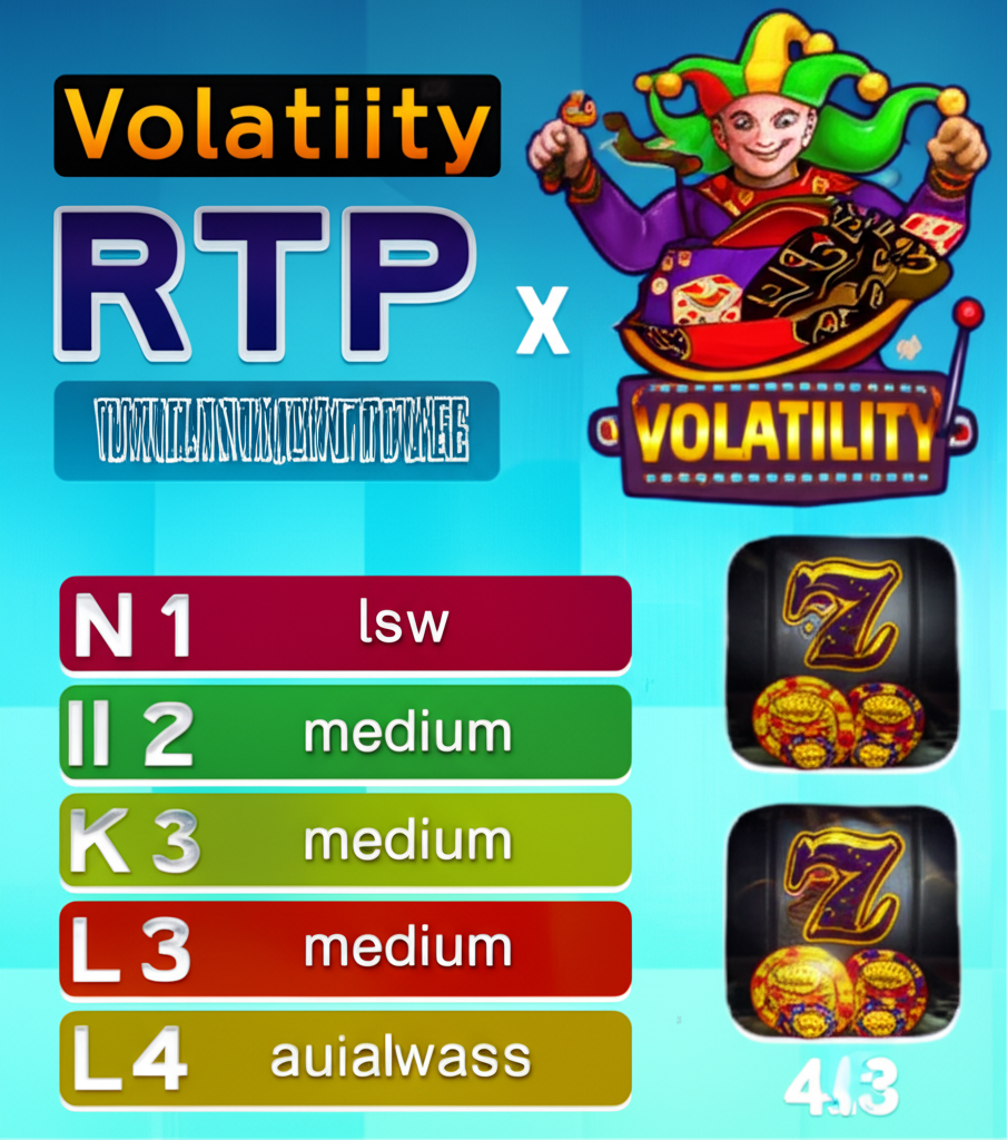 อินโฟกราฟิกอธิบาย RTP และ Volatility ในเกมสล็อต Joker Gaming พร้อมตัวอย่างเกม