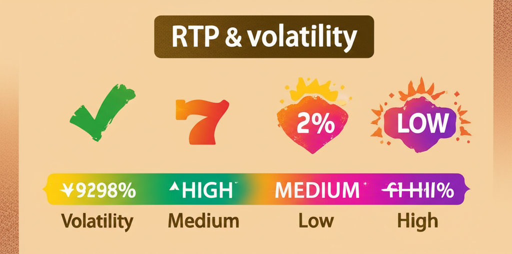 อินโฟกราฟิกอธิบายค่า RTP และ Volatility สำหรับเกมสล็อต Joker Gaming