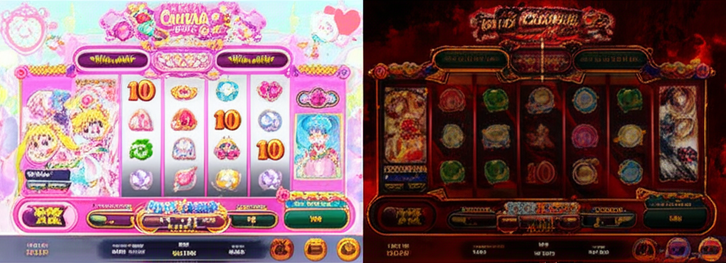 ภาพเปรียบเทียบกราฟิกสล็อตธีม Sailor Moon ที่สดใสและ Attack on Titan ที่ดาร์กแฟนตาซี พร้อมวงล้อสล็อตและองค์ประกอบเกม