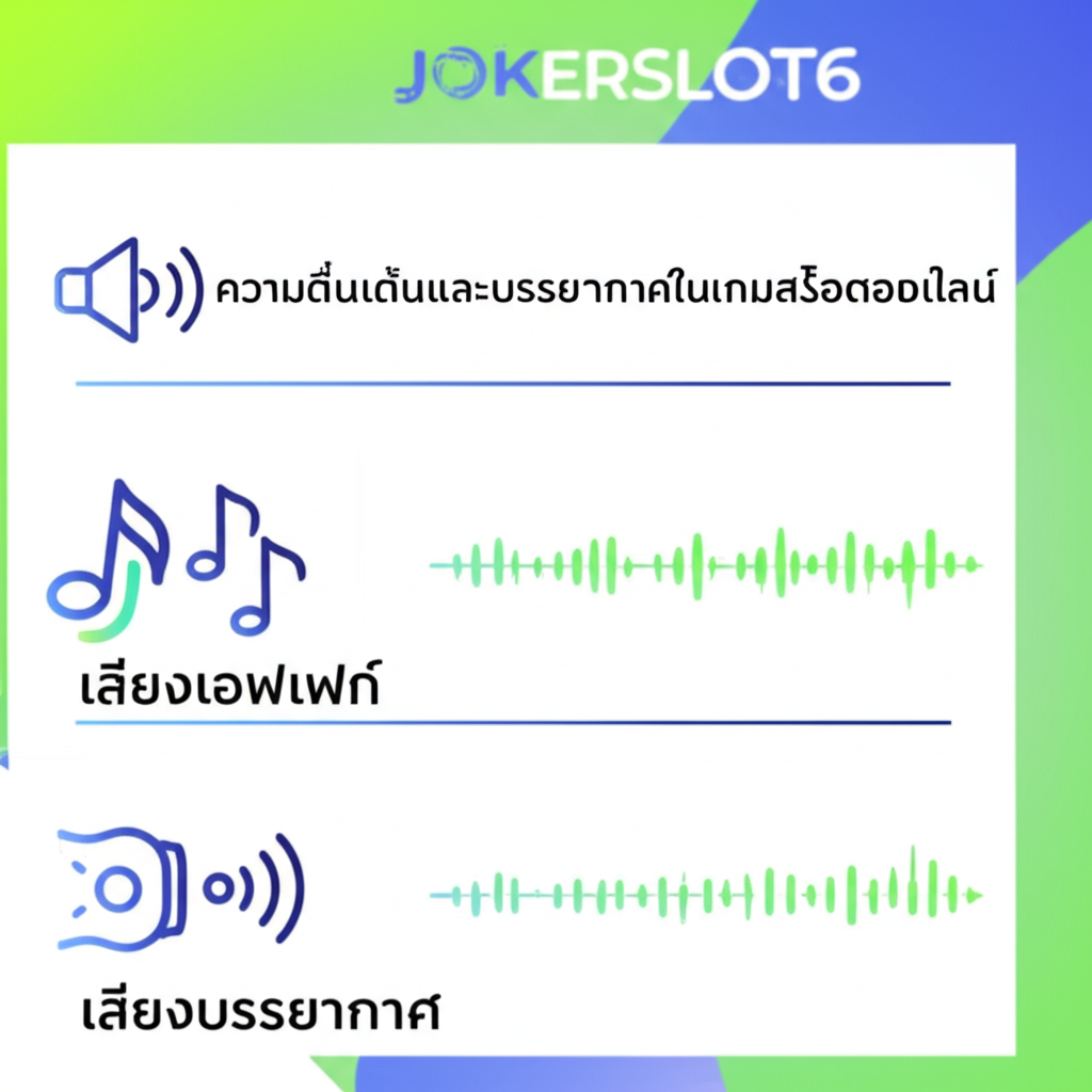 อินโฟกราฟิกแสดงองค์ประกอบเสียงหลักในเกมสล็อตออนไลน์ เช่น เอฟเฟกต์เสียง เพลงประกอบ และเสียงบรรยากาศ