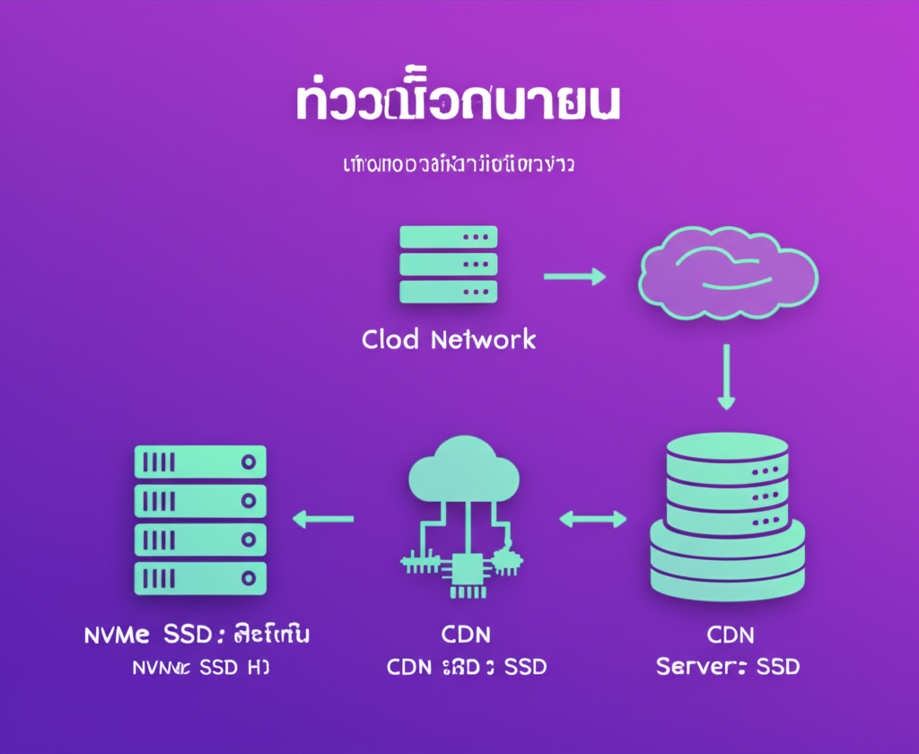 อินโฟกราฟิกแสดงเทคโนโลยี NVMe SSD, CDN และ Cloud Server ที่ช่วยเพิ่มความเร็วในการโหลดเกมสล็อตออนไลน์