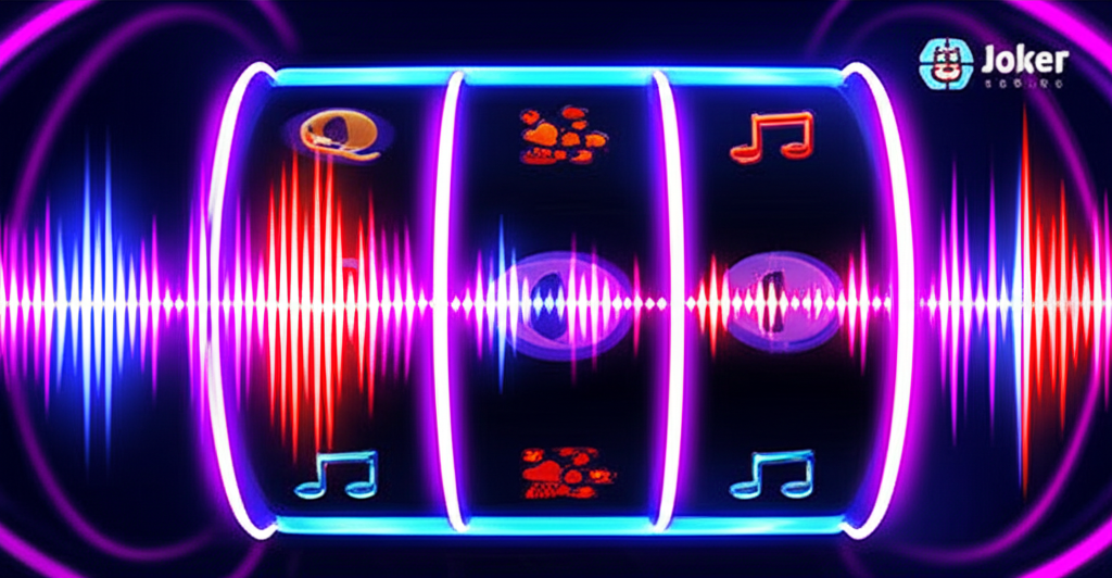 ภาพประกอบเกมสล็อตยุคใหม่ปี 2025 ที่มีเสียง AI-generated music และ personalized soundtracks พร้อมธีมคาสิโนสมัยใหม่และโลโก้ Joker Gaming