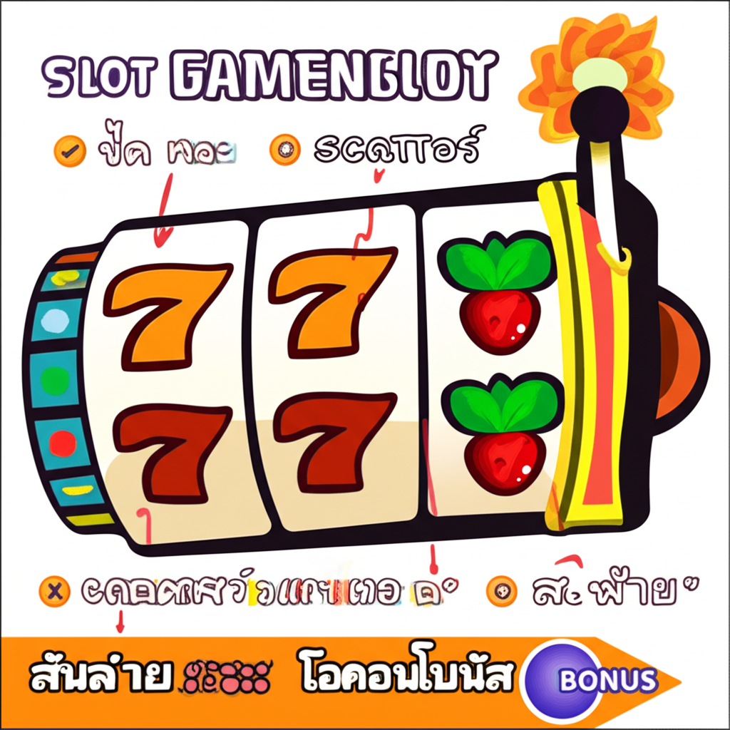 ภาพประกอบคำศัพท์และกลไกพื้นฐานของเกมสล็อต เช่น สัญลักษณ์ Wild, Scatter, เพย์ไลน์ และโบนัส