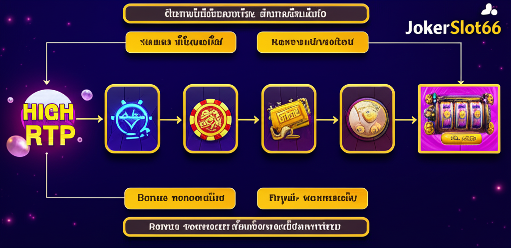 แผนภาพโฟลว์แสดงขั้นตอนการเลือกเกมสล็อตตามค่า RTP และความผันผวน พร้อมไอคอนแสดง RTP สูง ความผันผวนต่ำ ฟีเจอร์โบนัส และความเสี่ยงของผู้เล่น มีคำอธิบายภาษาไทยและใช้สีแบรนด์ JokerSlot66