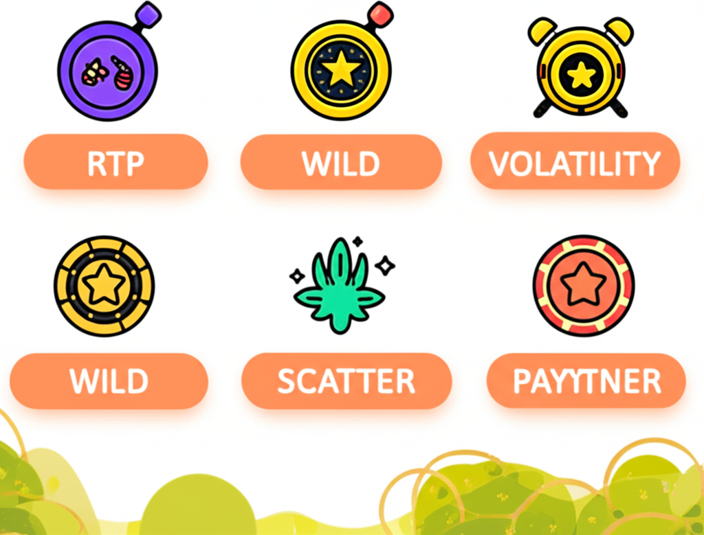 อินโฟกราฟิกคำศัพท์สำคัญในเกมสล็อต เช่น RTP, ความผันผวน, Wild, Scatter และเพย์ไลน์ สำหรับผู้เล่นมือใหม่
