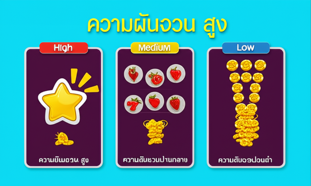 อินโฟกราฟิกแสดงระดับ Volatility ในเกมสล็อต พร้อมตัวอย่างรางวัลและความถี่ของการชนะ