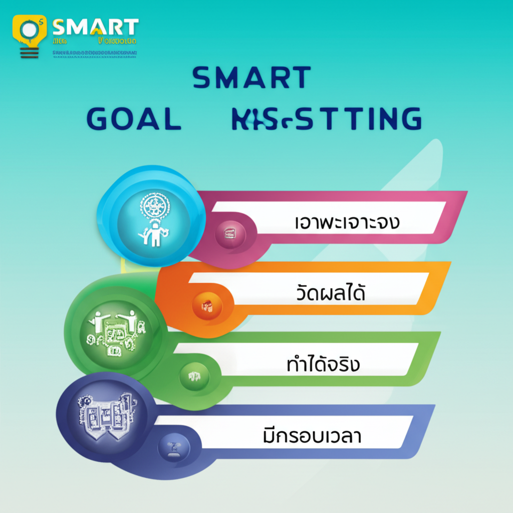 อินโฟกราฟิกแสดงหลักการตั้งเป้าหมาย SMART สำหรับการเล่นเกมสล็อตออนไลน์
