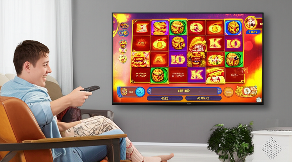 ผู้เล่นกำลังเล่นสล็อตออนไลน์บน Smart TV ในห้องนั่งเล่นที่ทันสมัย