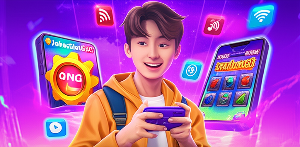 ผู้เล่นเกมสล็อตออนไลน์บนมือถือ iPhone และ Android เล่นเกมลื่นไหลด้วยเน็ตเร็วและปิงต่ำ พร้อมโลโก้ JokerSlot66