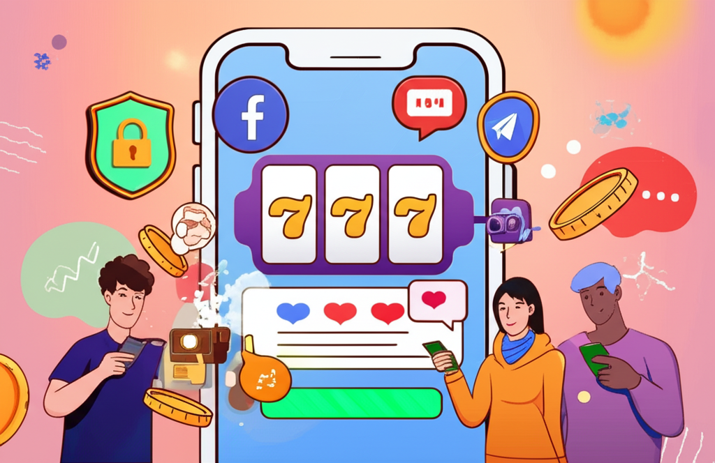 ภาพประกอบชุมชนสล็อตมือถือในโซเชียลมีเดีย แสดงผู้เล่นไทยใช้ Facebook Groups และ Telegram เชื่อมต่อกันอย่างสนุกสนานและปลอดภัย