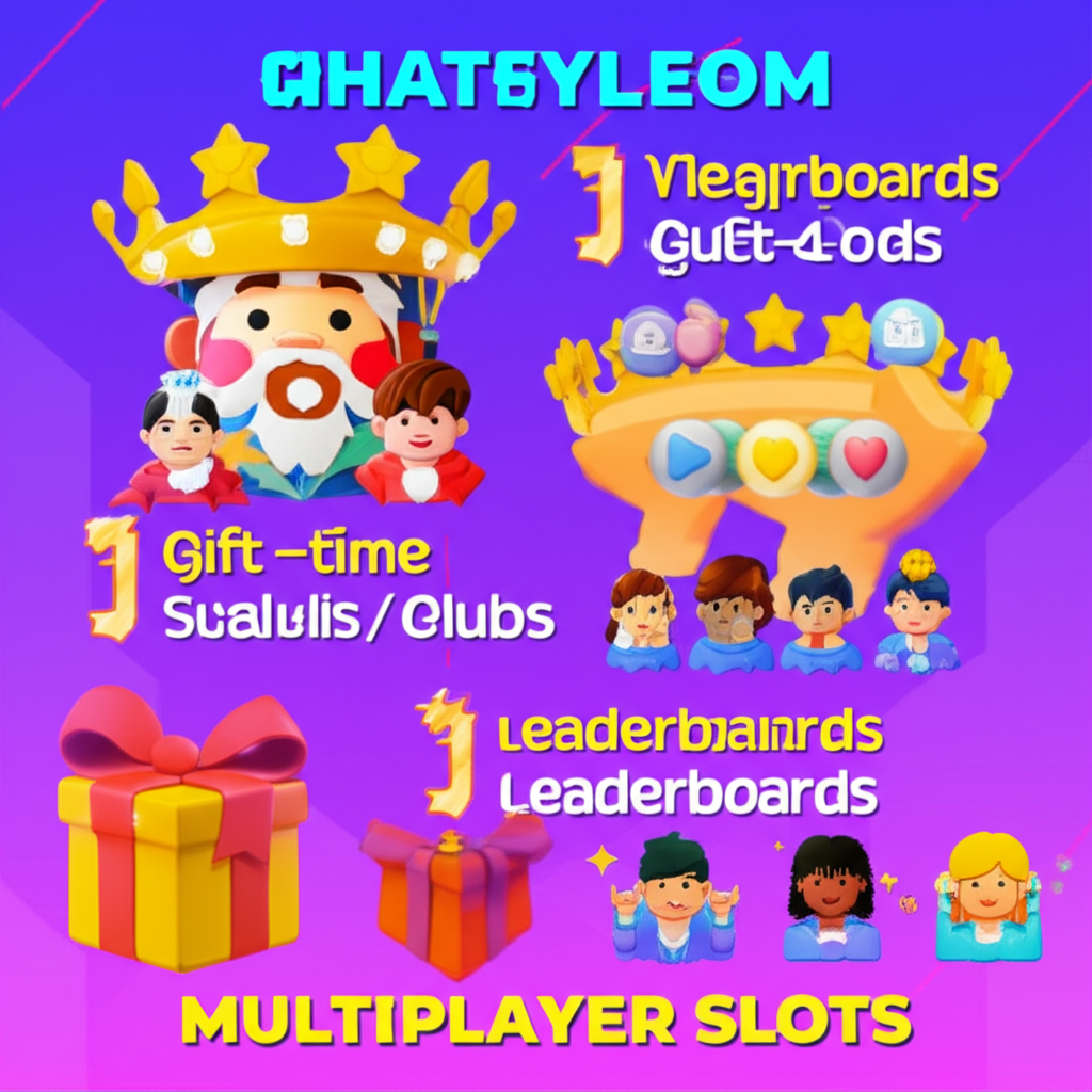 อินโฟกราฟิกแสดงฟีเจอร์หลักของ Social Slots และ Multiplayer Slots เช่น ระบบแชท กิลด์ ทัวร์นาเมนต์ และการส่งของขวัญ