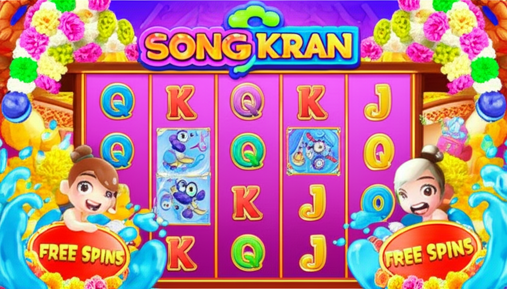 เกมสล็อตธีมสงกรานต์แสดงฟีเจอร์ตัวคูณโบนัสและบรรยากาศเทศกาลน้ำ