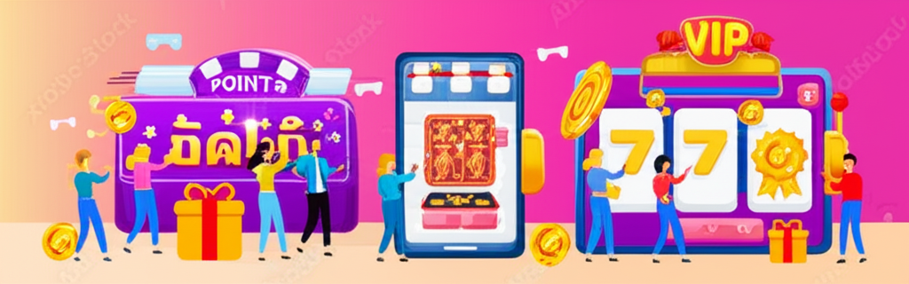 ภาพประกอบฟีเจอร์พิเศษสำหรับผู้เล่นเกมสล็อตออนไลน์ แสดงระบบสะสมแต้มและรางวัล VIP พร้อมไอคอนมือถือและเกมสล็อตที่เข้าถึงง่าย