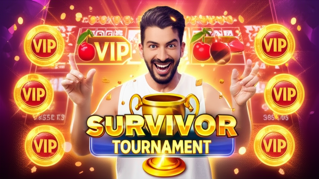 ภาพการแข่งขันแบบ Survivor Tournament สำหรับผู้เล่น VIP ในเกมสล็อตออนไลน์ พร้อมรางวัลและสัญลักษณ์ VIP