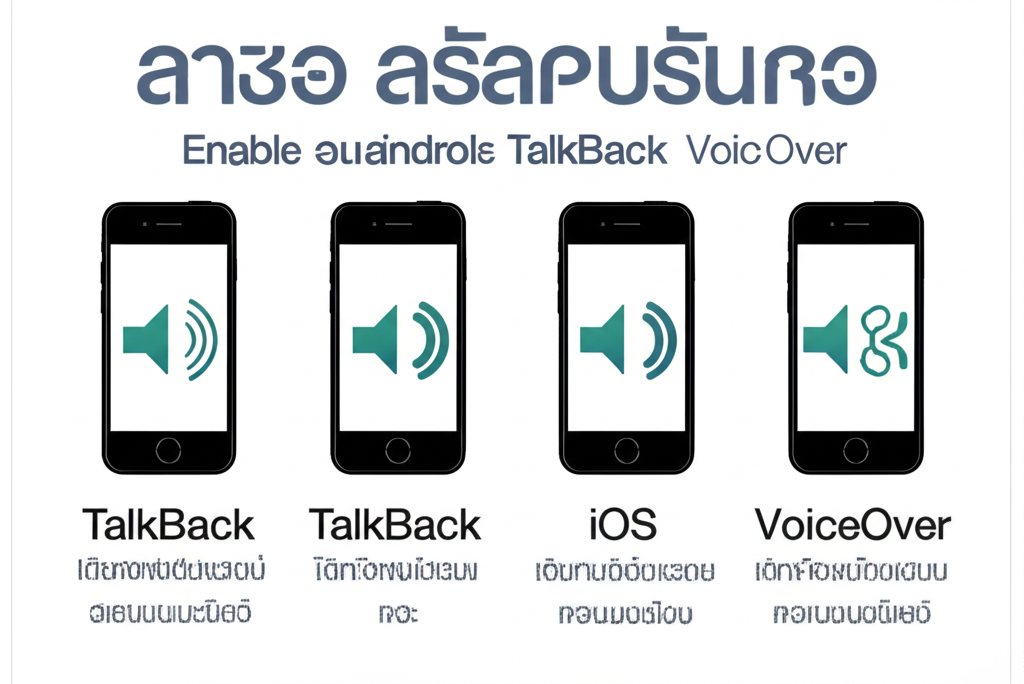 อินโฟกราฟิกขั้นตอนการเปิดใช้งาน TalkBack บน Android และ VoiceOver บน iOS เพื่อใช้งานเสียงนำทางในเกมสล็อต