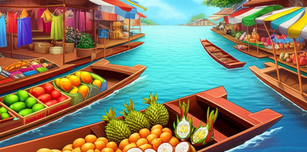 ภาพตลาดน้ำไทยที่สะท้อนวิถีชีวิตและวัฒนธรรมไทยในเกมสล็อตธีมไทย