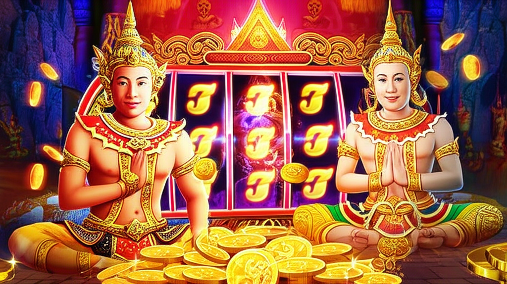 ภาพเทพไทยพระอินทร์และพระพรหมในสไตล์ศิลปะไทยดั้งเดิม พร้อมวงล้อเกมสล็อตและเหรียญทองในบรรยากาศวัดและวัฒนธรรมไทย