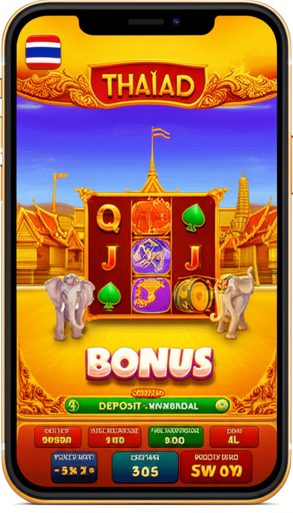 หน้าจอมือถือแสดงเกมสล็อตธีมไทยที่ออกแบบ UI/UX ให้ใช้งานง่ายและรวดเร็ว